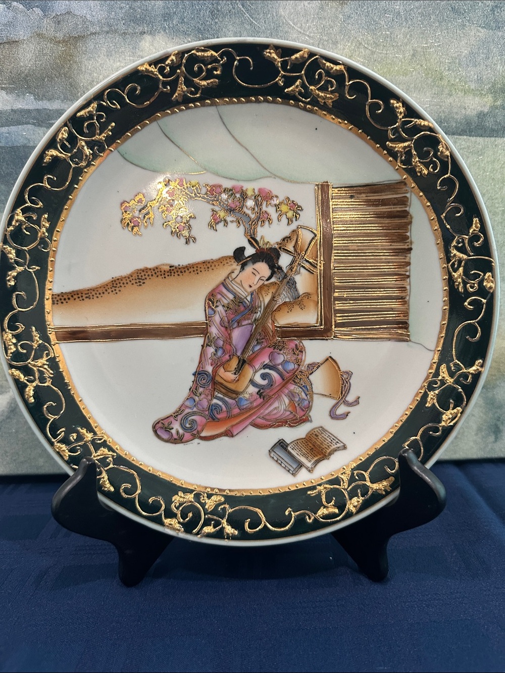Vintage Hand-Painted Plate Satsuma Style Moriage Geisha Garden Scene